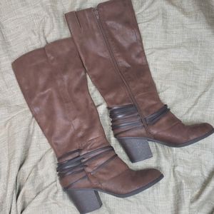Fergalicious Strappy heeled brown rider boots